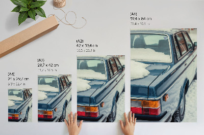 Art print Retro car in snow blue white background