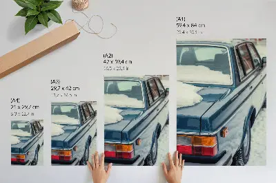 Art print retro car in snow on a blue and white background