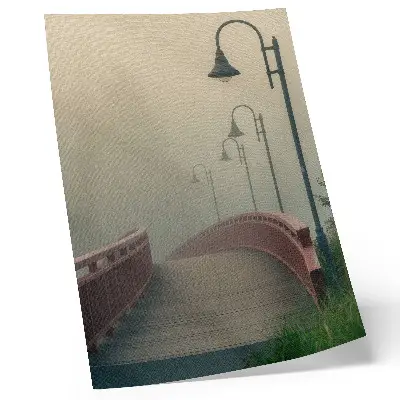 Decorative poster featuring a foggy bridge with lanterns in a serene harmonious style