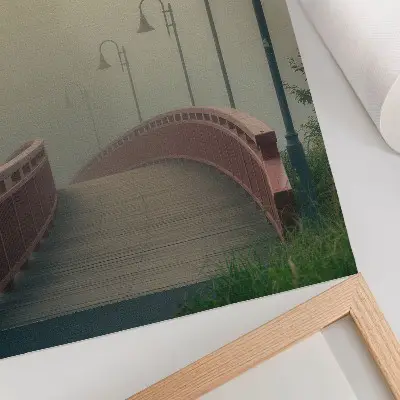 Decorative poster featuring a foggy bridge with lanterns in a serene harmonious style