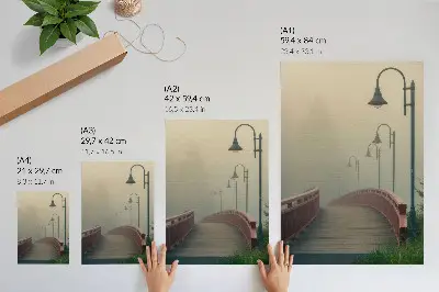 Decorative poster featuring a foggy bridge with lanterns in a serene harmonious style