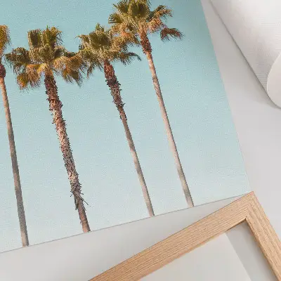Poster palm trees on a blue background with a holiday nature theme