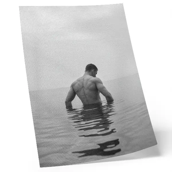 Art print man upside down in a calm pool with a gray background