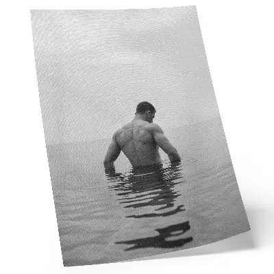 Art print man upside down in a calm pool with a gray background