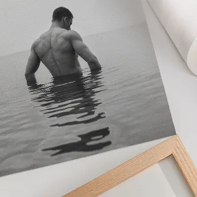 Art print man upside down in a calm pool with a gray background