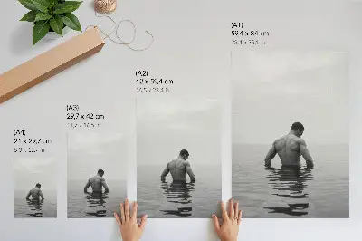 Art print man upside down in a calm pool with a gray background