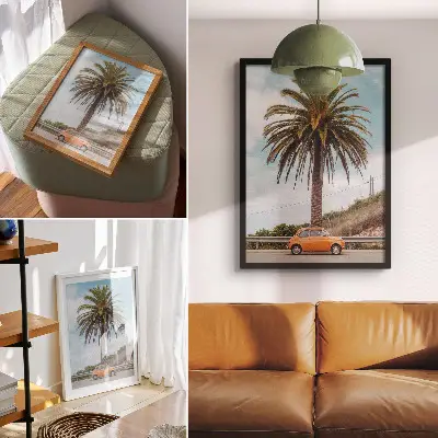 Decorative poster palm tree with a retro car in a natural carefree style