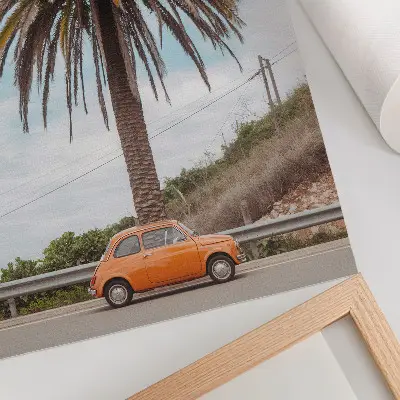 Decorative poster palm tree with a retro car in a natural carefree style