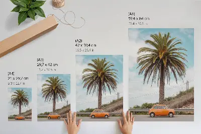Decorative poster palm tree with a retro car in a natural carefree style