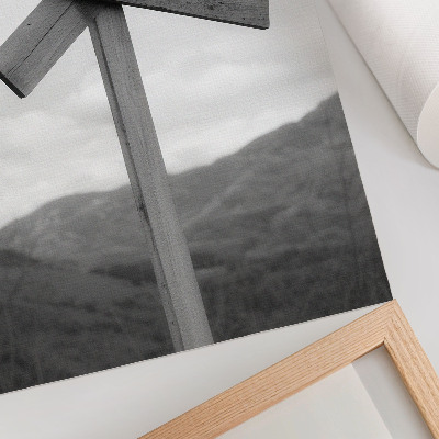 Premium wall art Wooden sign with a mountain landscape in the background in black and white