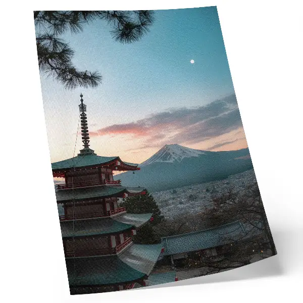 Decorative poster featuring a pagoda in the mountains with a harmonious sky gradient