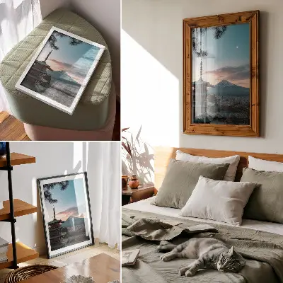 Decorative poster featuring a pagoda in the mountains with a harmonious sky gradient