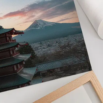Decorative poster featuring a pagoda in the mountains with a harmonious sky gradient
