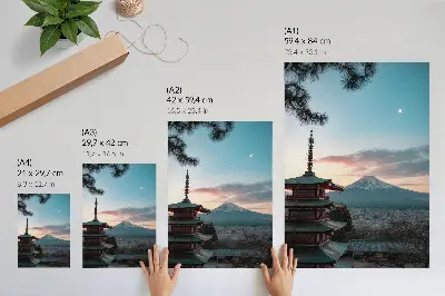 Decorative poster featuring a pagoda in the mountains with a harmonious sky gradient