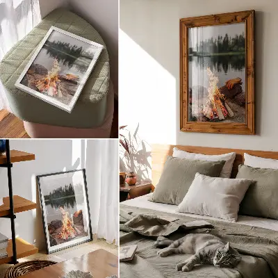 Decorative forest lake poster with bonfire and stones nature scene