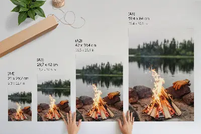 Decorative forest lake poster with bonfire and stones nature scene
