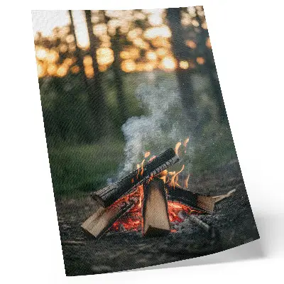 Decorative poster a bonfire against a forest and smoke backdrop