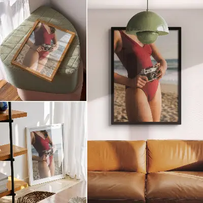 Premium wall art featuring a burgundy suite camera photography beach vibe