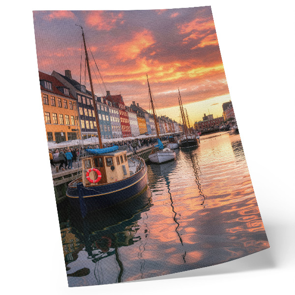 Art print Colorful tenement houses, water reflections, warmth of the sky