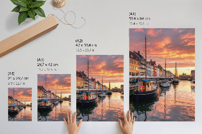 Art print Colorful tenement houses, water reflections, warmth of the sky
