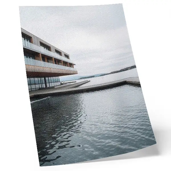 Decorative poster modern building by the water in minimalism style with wood and glass accents