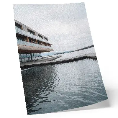Decorative poster modern building by the water in minimalism style with wood and glass accents