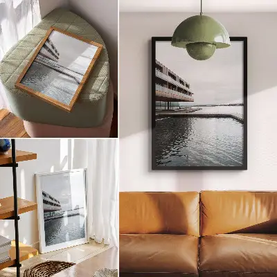 Decorative poster modern building by the water in minimalism style with wood and glass accents