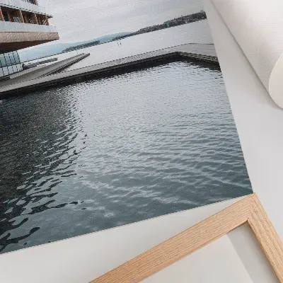 Decorative poster modern building by the water in minimalism style with wood and glass accents