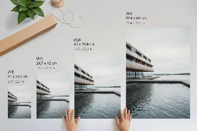 Decorative poster modern building by the water in minimalism style with wood and glass accents