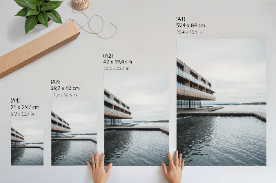 Decorative poster Modern building by the water, minimalism, wood, glass