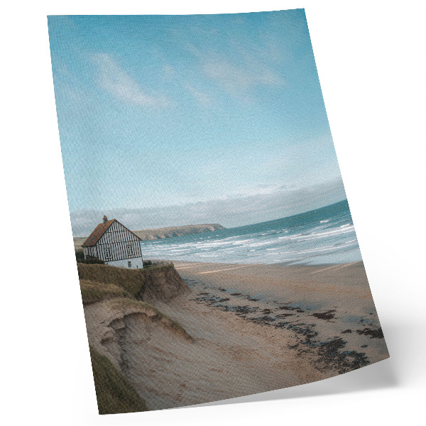 Poster Beach, waves, house on a cliff, pastel colors