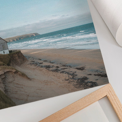 Poster Beach, waves, house on a cliff, pastel colors
