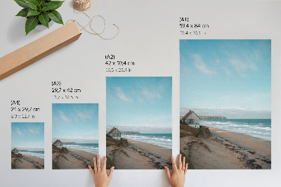 Poster Beach, waves, house on a cliff, pastel colors