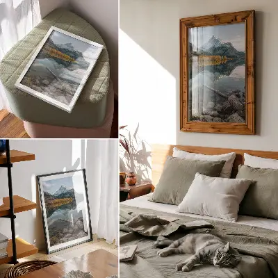 Art print featuring a peaceful mountain lake with reflections and trees