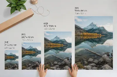 Art print featuring a peaceful mountain lake with reflections and trees