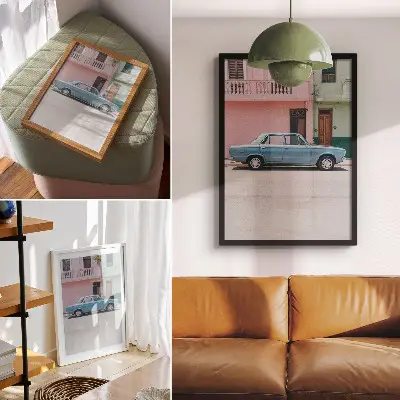 Poster classic car with pastel buildings and retro charm