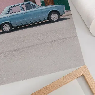 Poster classic car with pastel buildings and retro charm