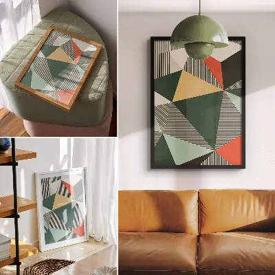 Premium wall art featuring geometric triangles and stripes in vibrant colors