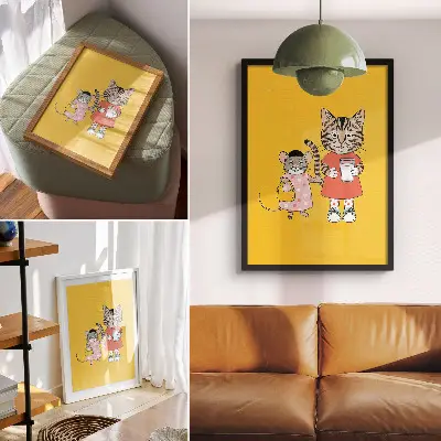 Decorative poster featuring a cat and mouse with fairytale characters