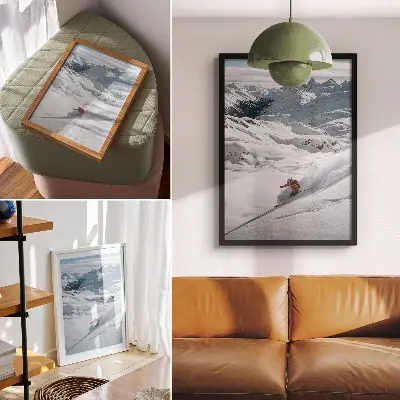 Premium wall art skier in action in the white mountains under a blue sky