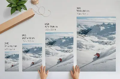 Premium wall art skier in action in the white mountains under a blue sky