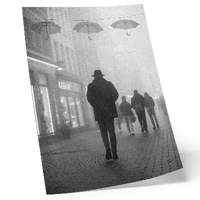 Decorative poster figure in a hat standing in the fog with umbrellas creating a mysterious scene