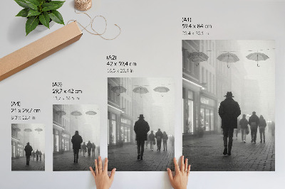 Decorative poster Figure in a hat, fog, umbrellas, mystery