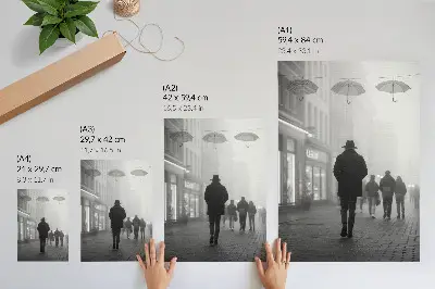 Decorative poster figure in a hat standing in the fog with umbrellas creating a mysterious scene