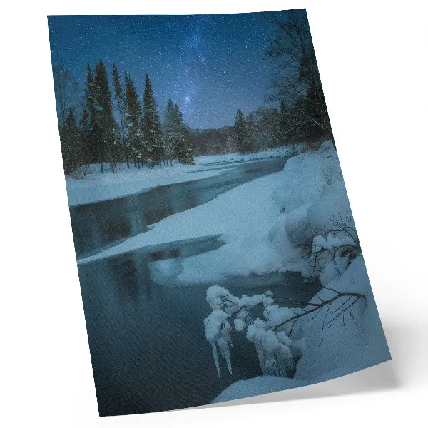 Premium wall art winter landscape featuring a river, trees, and stars
