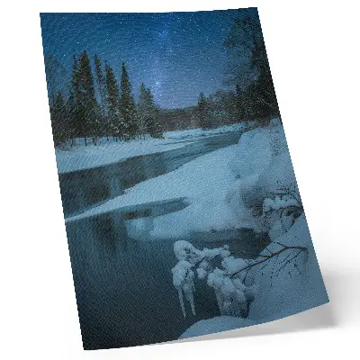 Premium wall art winter landscape featuring a river, trees, and stars