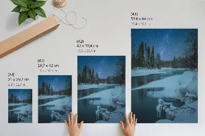 Premium wall art winter landscape featuring a river, trees, and stars