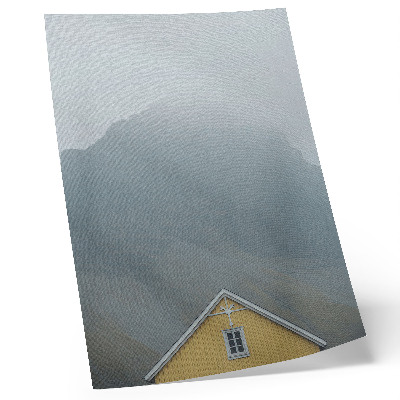 Decorative poster Yellow house fog mountains peaceful atmosphere