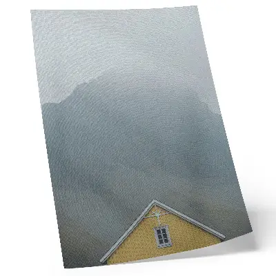 Decorative poster yellow house in a peaceful mountain fog
