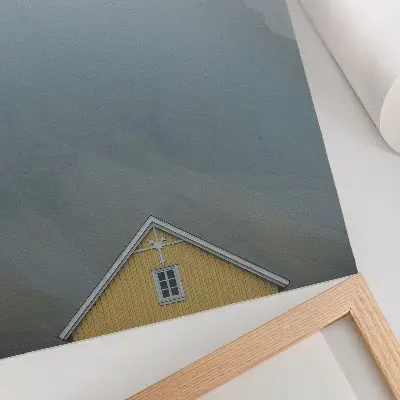 Decorative poster yellow house in a peaceful mountain fog